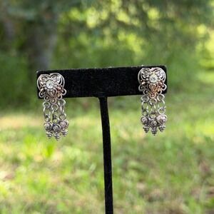 Vintage Heart Chandelier Drop Post Earrings Silver Tone Rhinestone Filigree